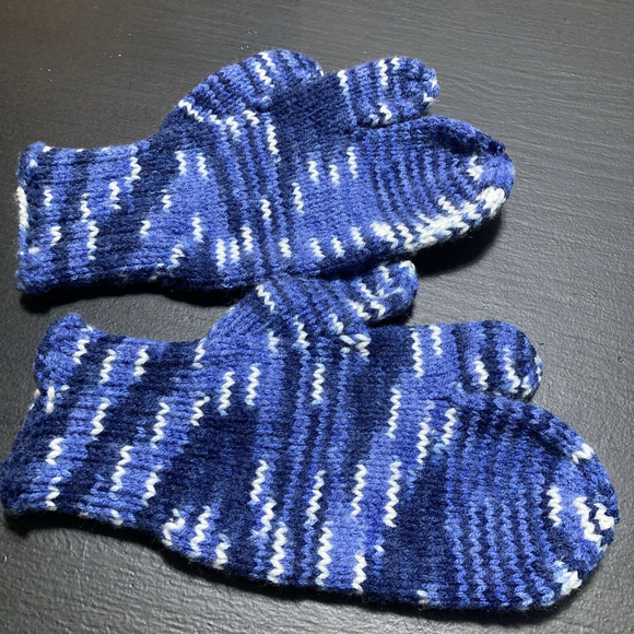 Wool Hand Made Knit Trigger Finger Mittens Men’s And Women’s Blue Warm Winger - Picture 6 of 9